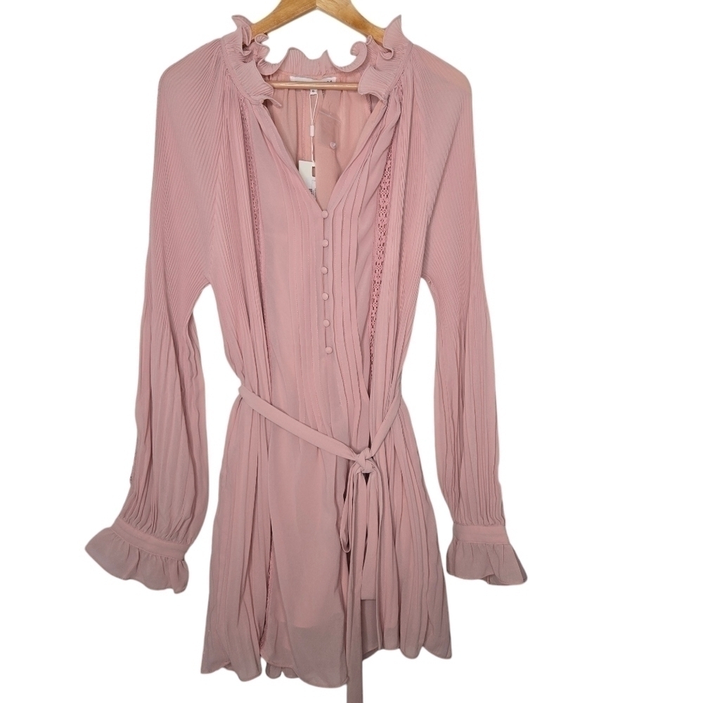 Endless Rose Womens Pink Pleated Lace Long Sleeve Button Front Romper XL